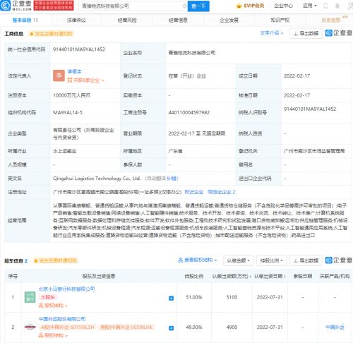 中国外运 小马智行共同成立物流科技公司,注册资本1亿元